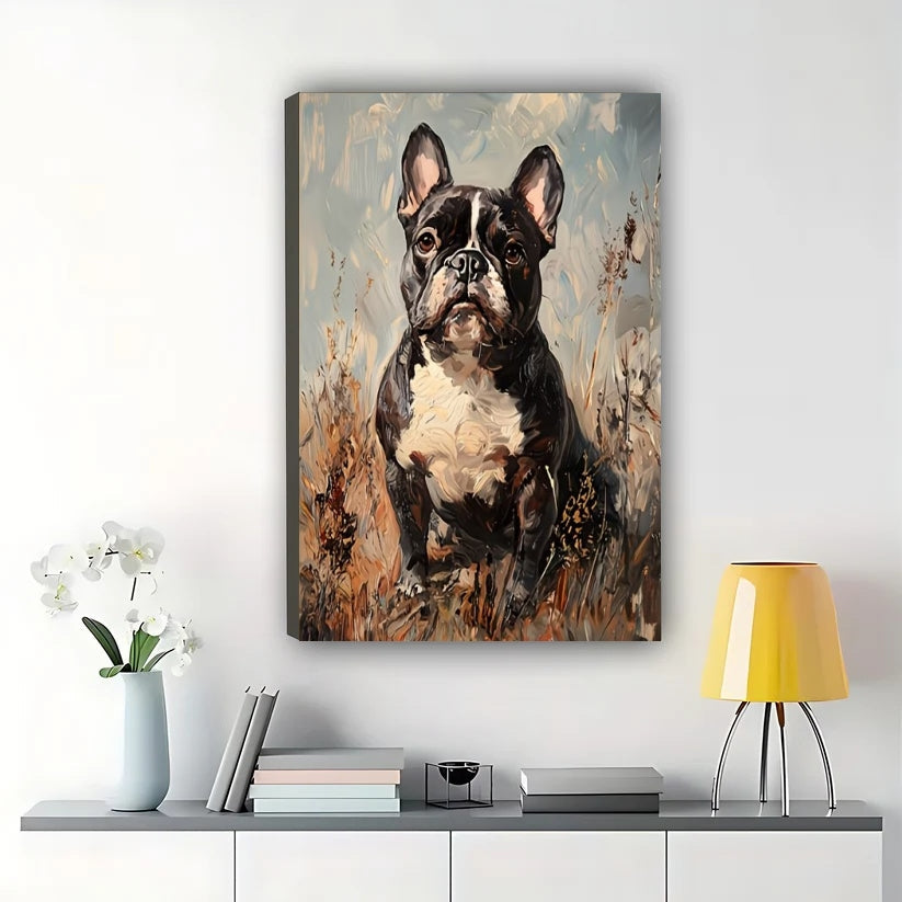 Vintage French Bulldog – Rustic Oil Painting Style Dog Wall Art on Natural Wood Canvas