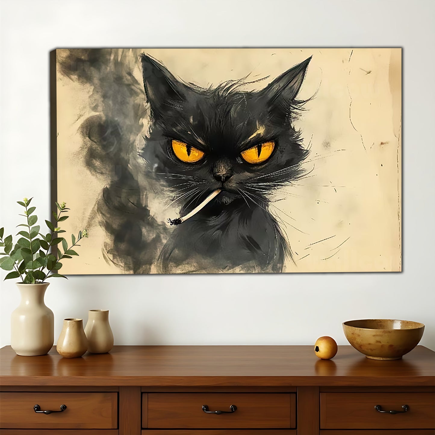 The Cigarette-Holding Cool Black Cat – Retro Edgy Wall Art on Natural Wood Canvas