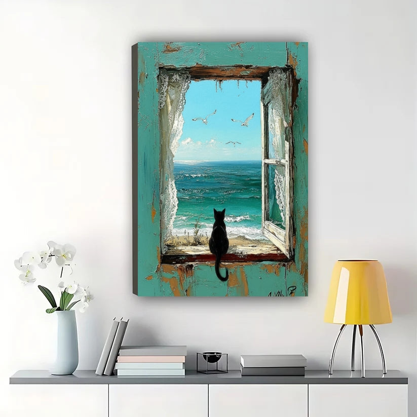 Black Cat Ocean Window View Wall Art – Vintage Turquoise Framed Coastal Canvas