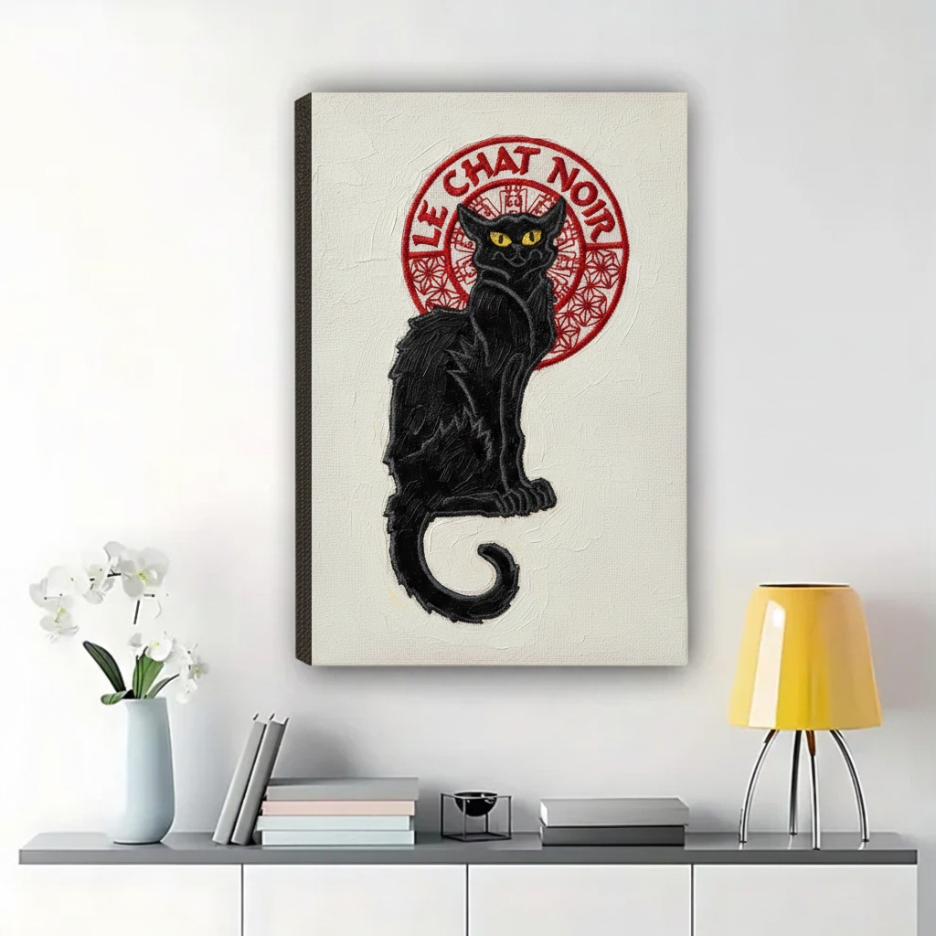 Le Chat Noir Embroidery-Style Wall Art – Vintage Cabaret Black Cat Canvas Print on Natural Wood Frame