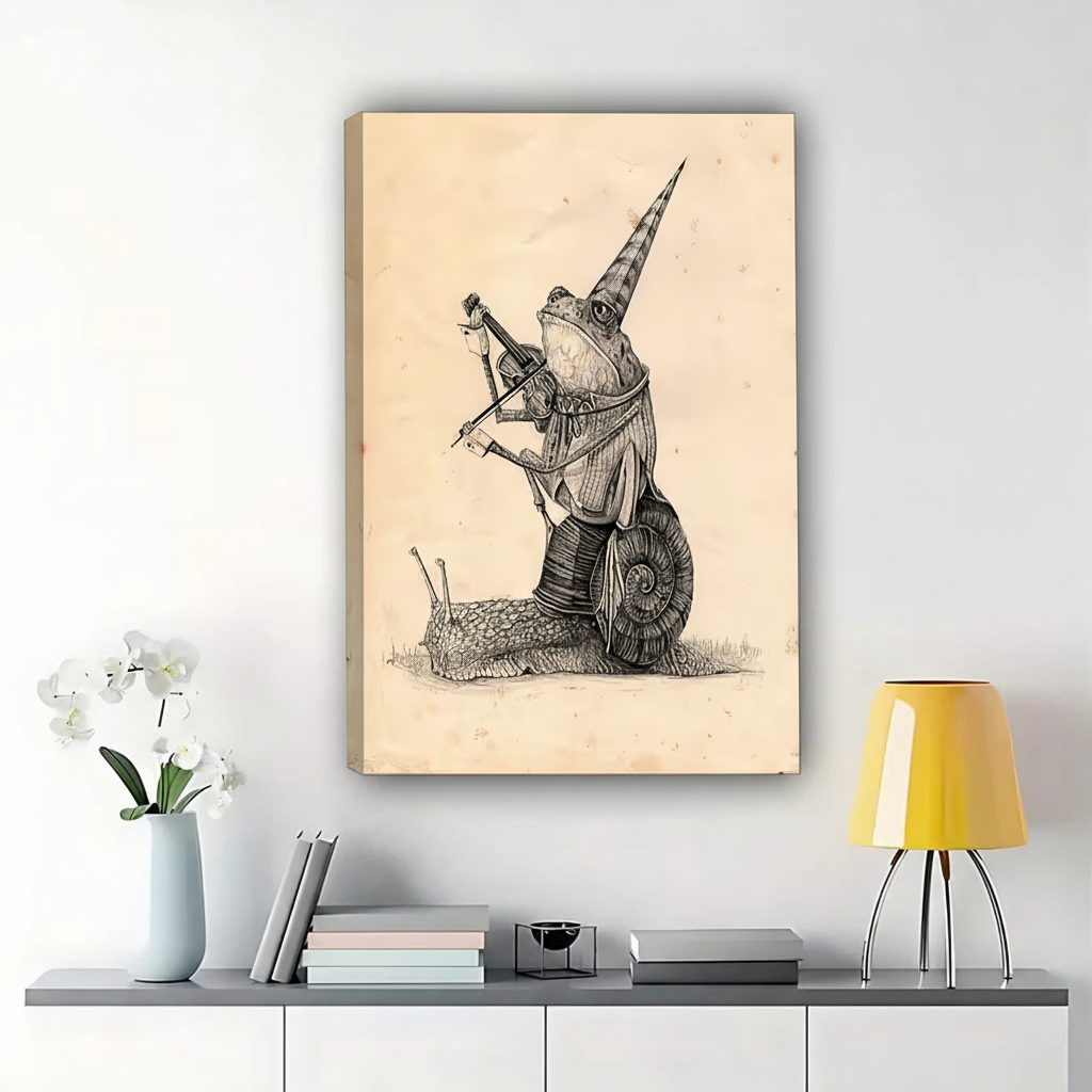 The Knight On A Snail – Vintage Whimsical Sketch Wall Art on Natural Wood Canvas