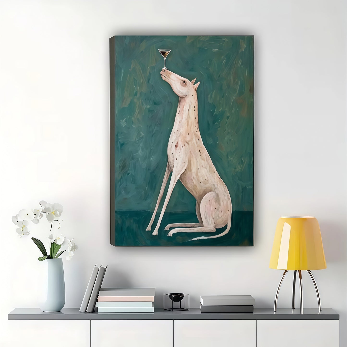 Greyhound with Martini Wall Art – Elegant Dog Drinking Cocktail Canvas Print on Natural Wood Frame
