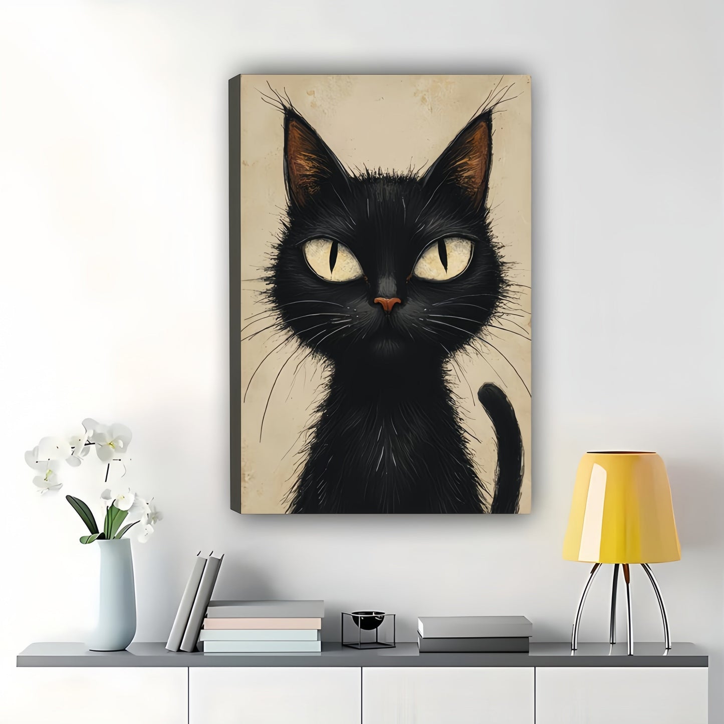 Realistic Big-Eyed Black Cat – Minimalist Moody Wall Art on Natural Wood Canvas