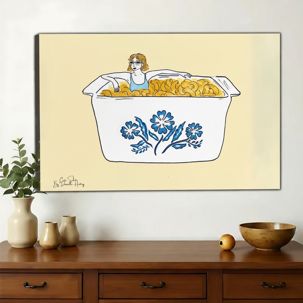 Girl Bathing in Mac & Cheese Wall Art – Funny Surrealist Illustration Canvas Print on Natural Wood Frame