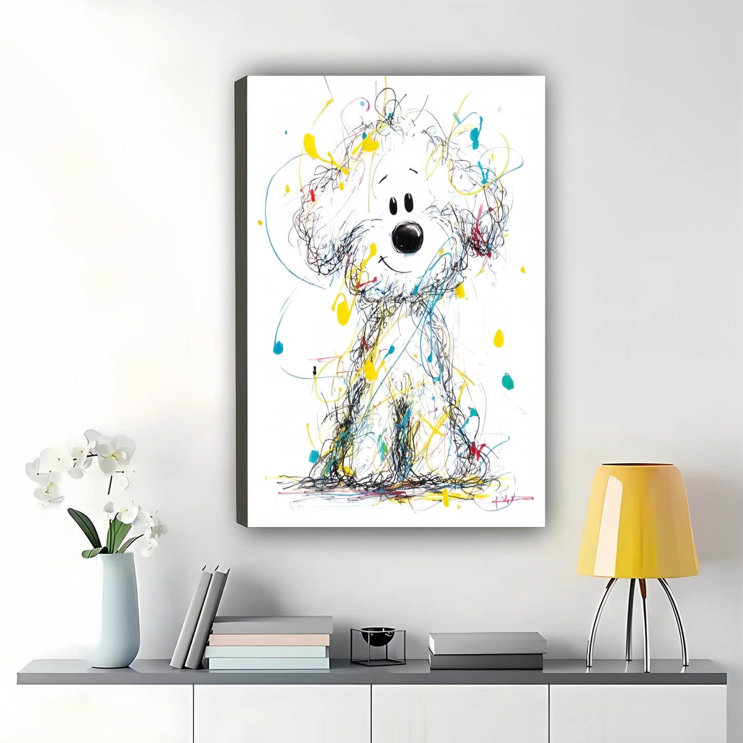 Colorful Scribble Style Fluffy White Dog – Playful Abstract Wall Art on Natural Wood Canvas