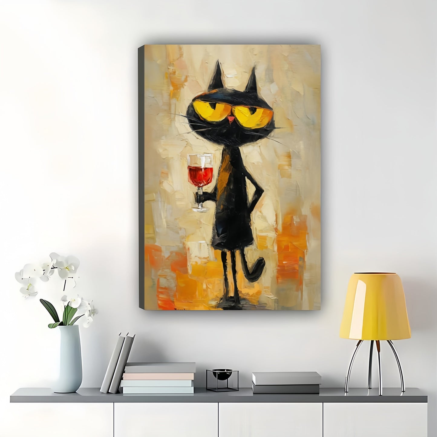 Abstract Standing Cat – Vibrant Textured Animal Wall Art on Natural Wood Canvas