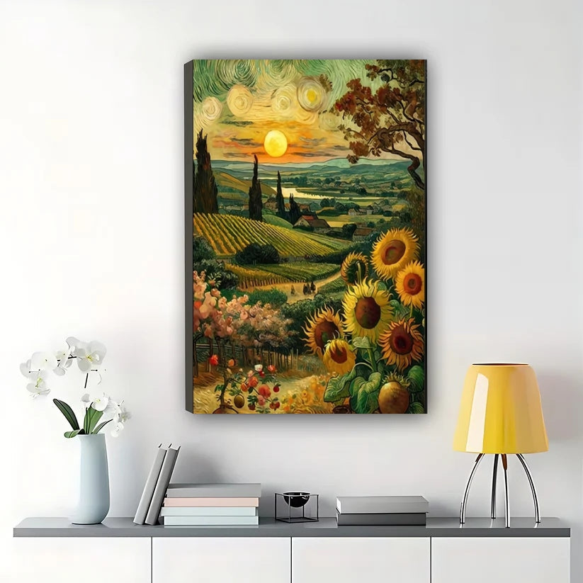 Van Gogh Sunfield with Sun – Artistic Wall Art on Natural Wood Canvas