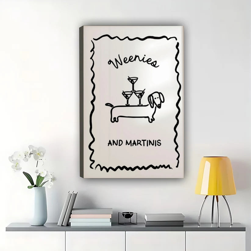 Weenies and Martinis – Funny Dachshund Cocktail Bar Wall Art on Natural Wood Canvas