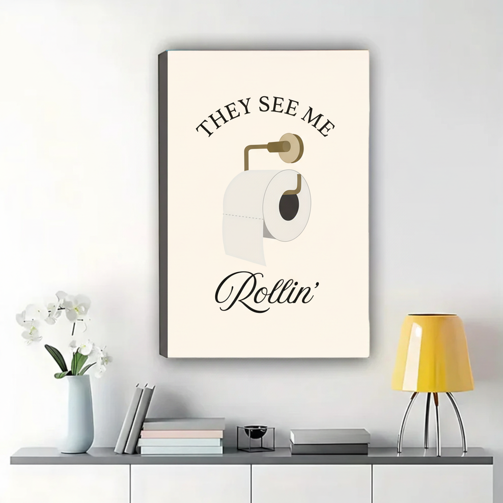 They See Me Rollin' Toilet Paper Wall Art – Funny Bathroom Quote Canvas Print on Natural Wood Frame