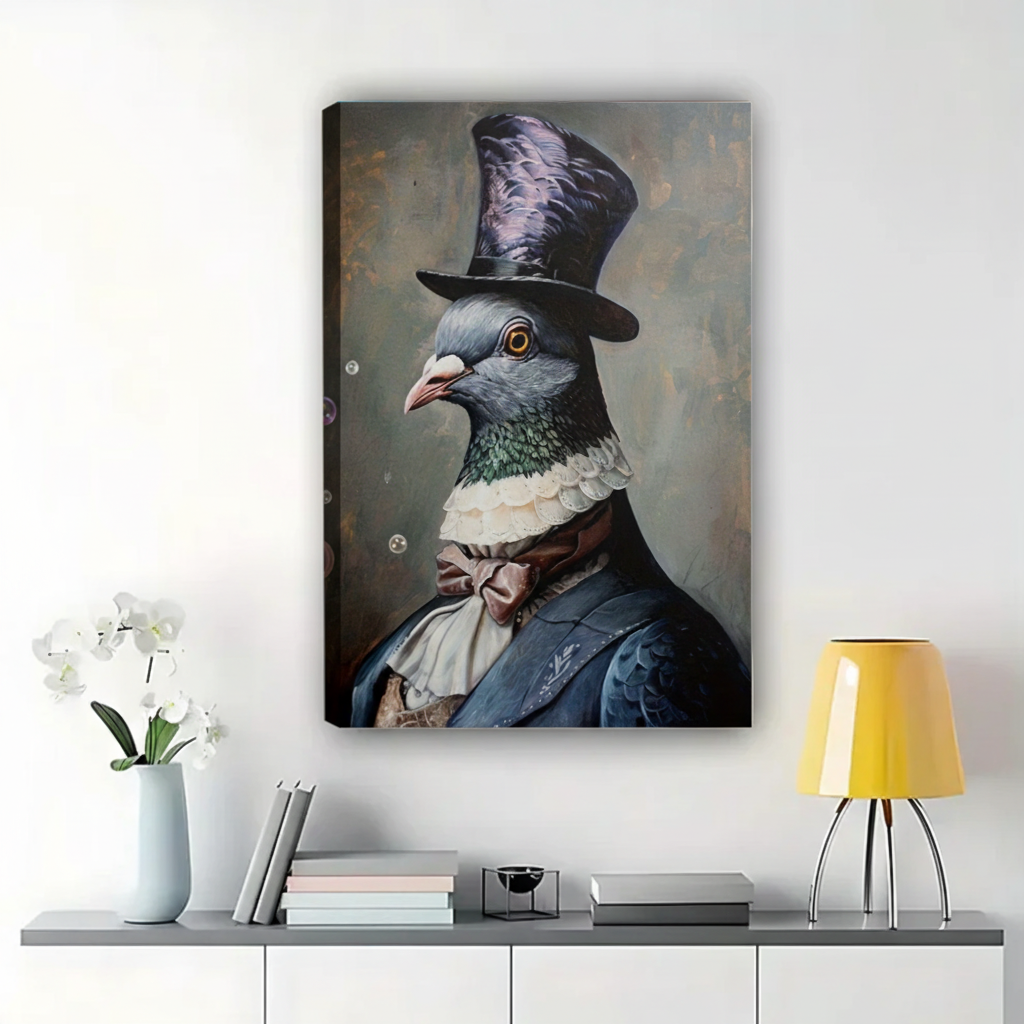 Gentleman Pigeon in Top Hat Wall Art – Dark Academia Animal Portrait Canvas Print on Natural Wood Frame