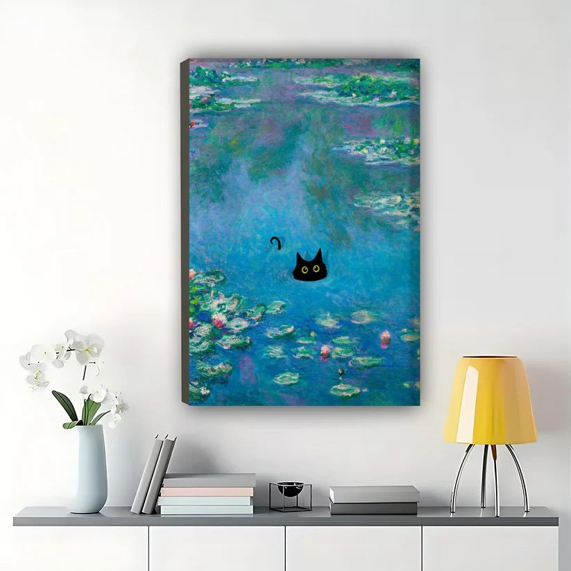 Black Cat in Monet Water Lilies – Classic Art Parody Wall Art on Natural Wood Canvas