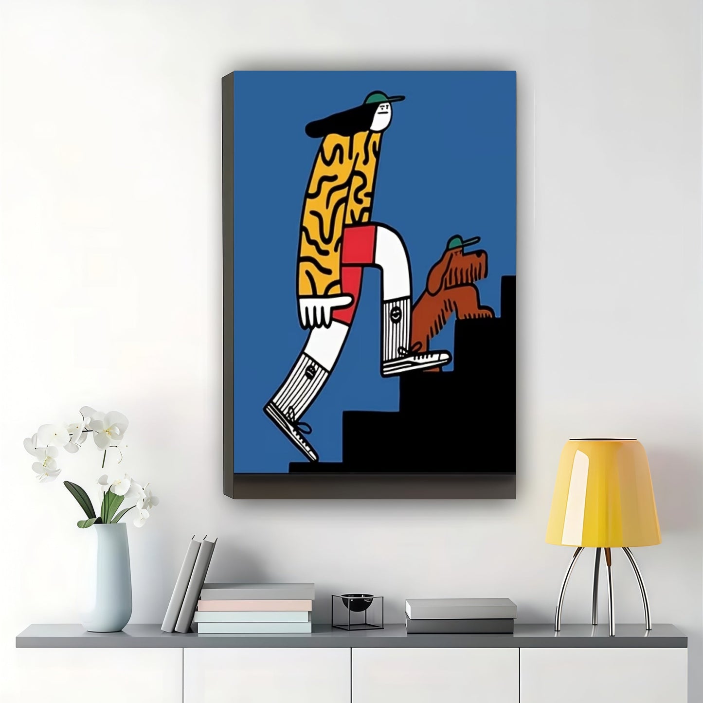 Stylish Man Walking Dog Wall Art – Bold Modern Cartoon Canvas Print on Natural Wood Frame