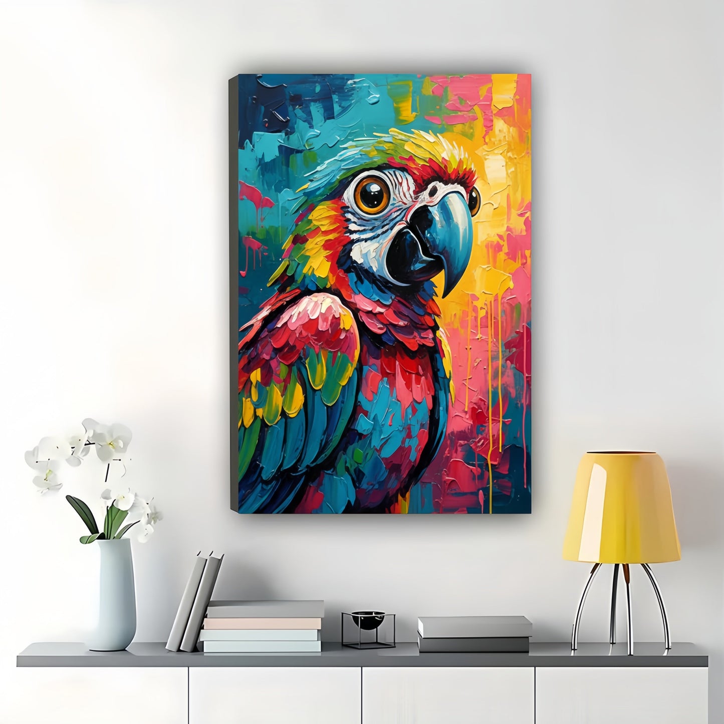 The Vibrant Graffiti Parrot – Tropical Playful Wall Art on Natural Wood Canvas