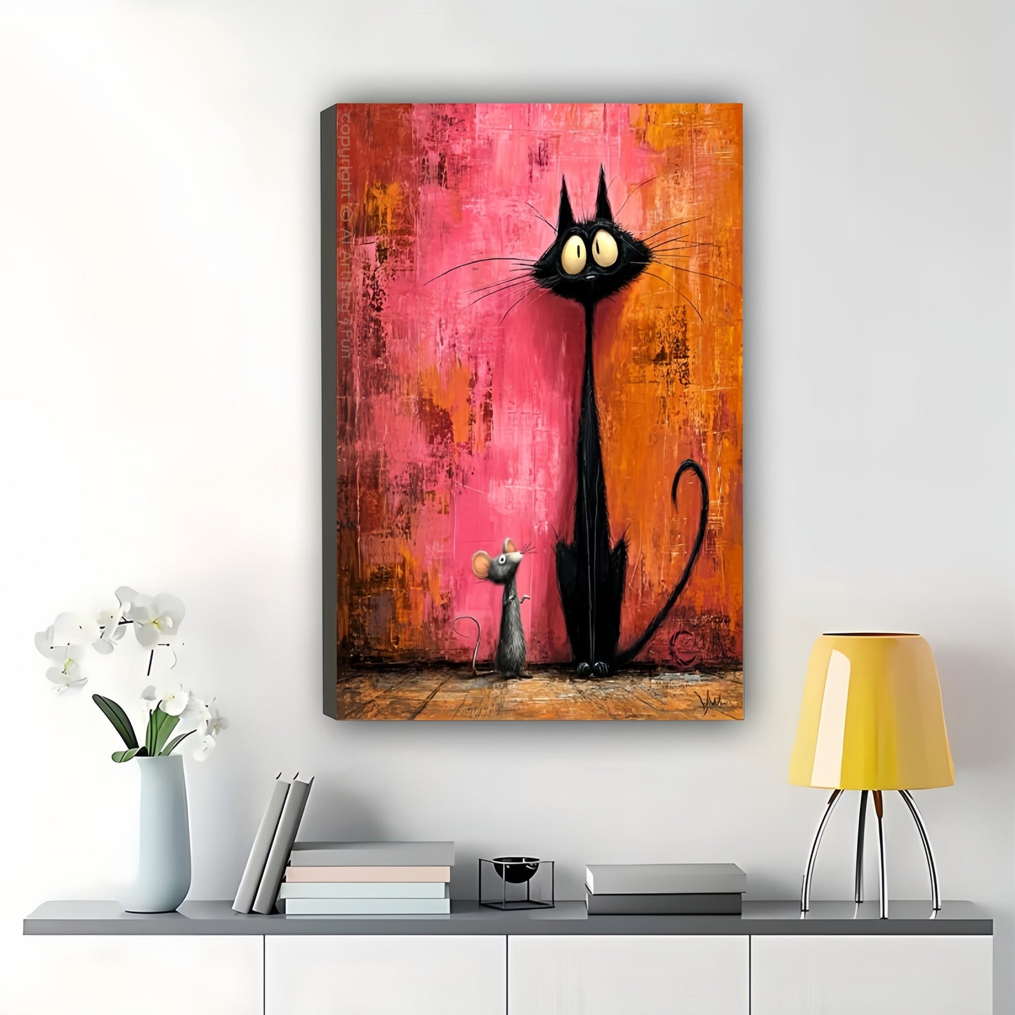 Tall Black Cat & Mouse – Textured Abstract Whimsical Wall Art on Natural Wood Canvas