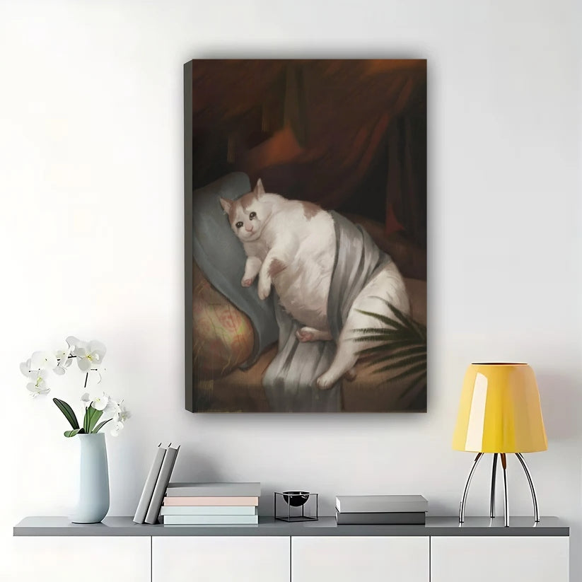 Chonky Cat Reclining – Classic Art Parody Wall Art on Natural Wood Canvas