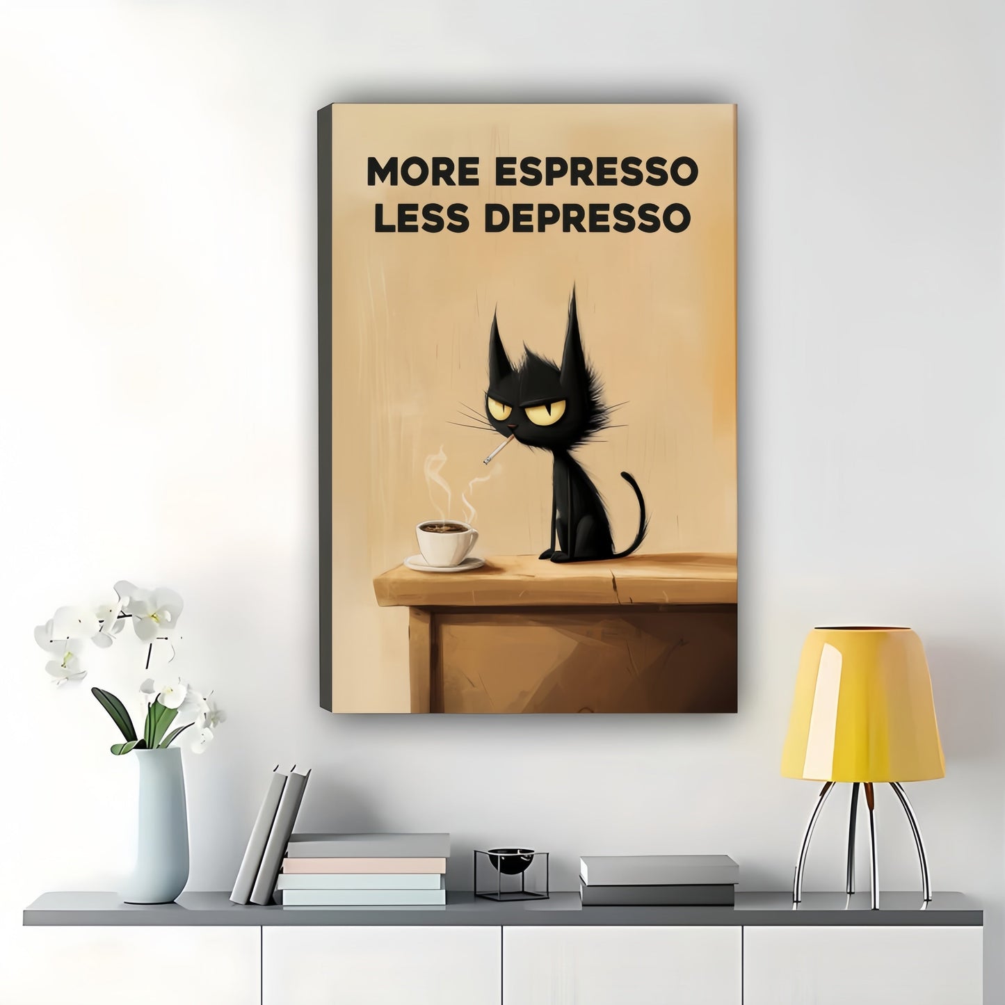 More Espresso Less Depresso Sassy Black Cat – Humorous Coffee Wall Art on Natural Wood Canvas