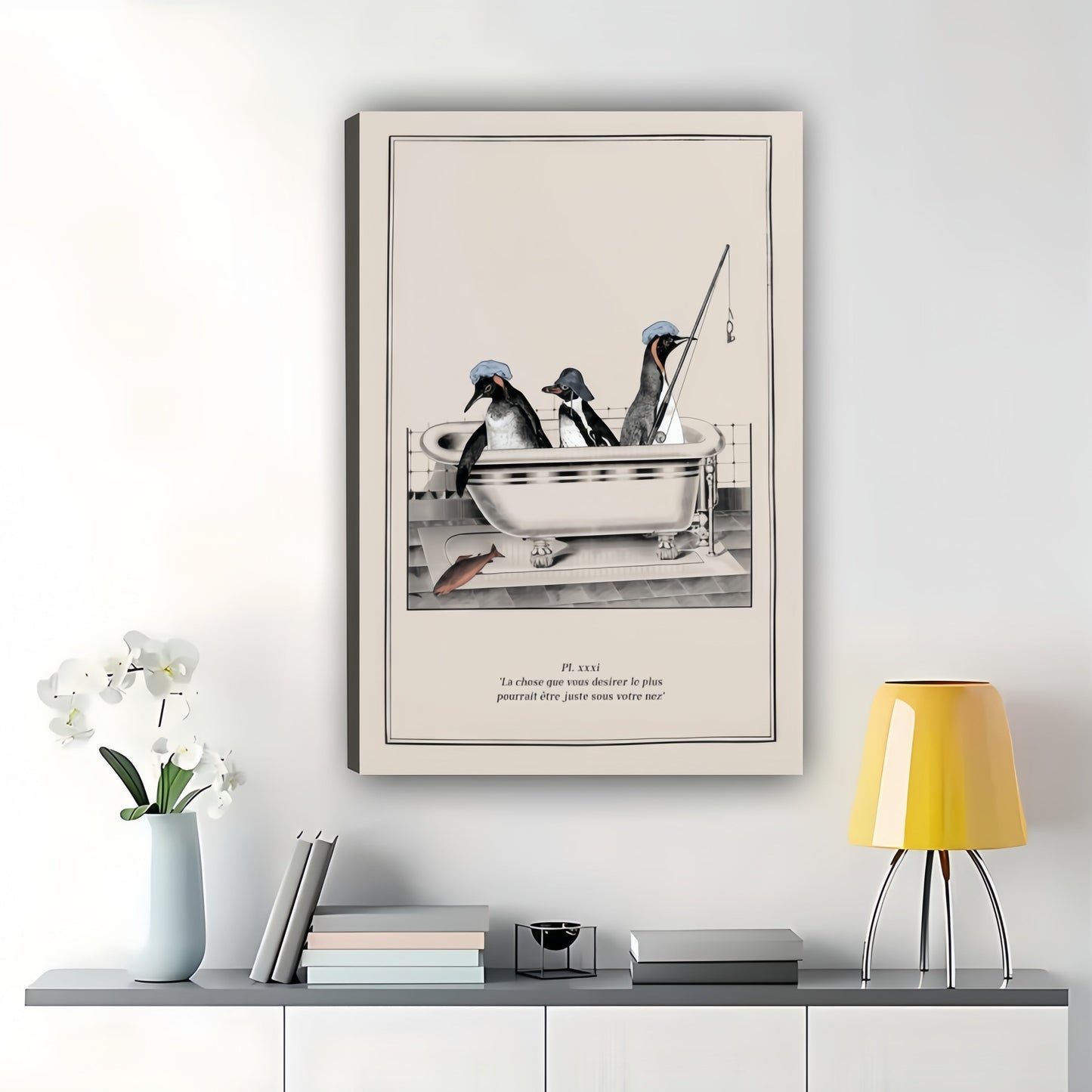Penguins in Bathtub Retro Line Art – Whimsical Bathroom Wall Art on Natural Wood Canvas