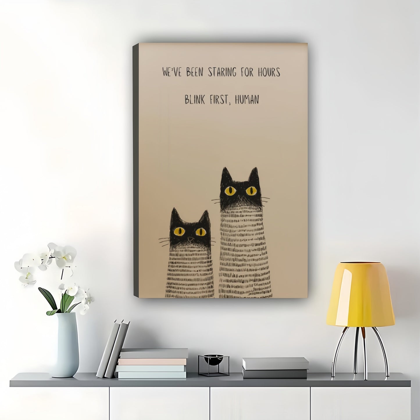 WE’VE BEEN STANDING FOR HOURS. SEND TUNA, PLEASE Striped Cats – Humorous Wall Art on Natural Wood Canvas