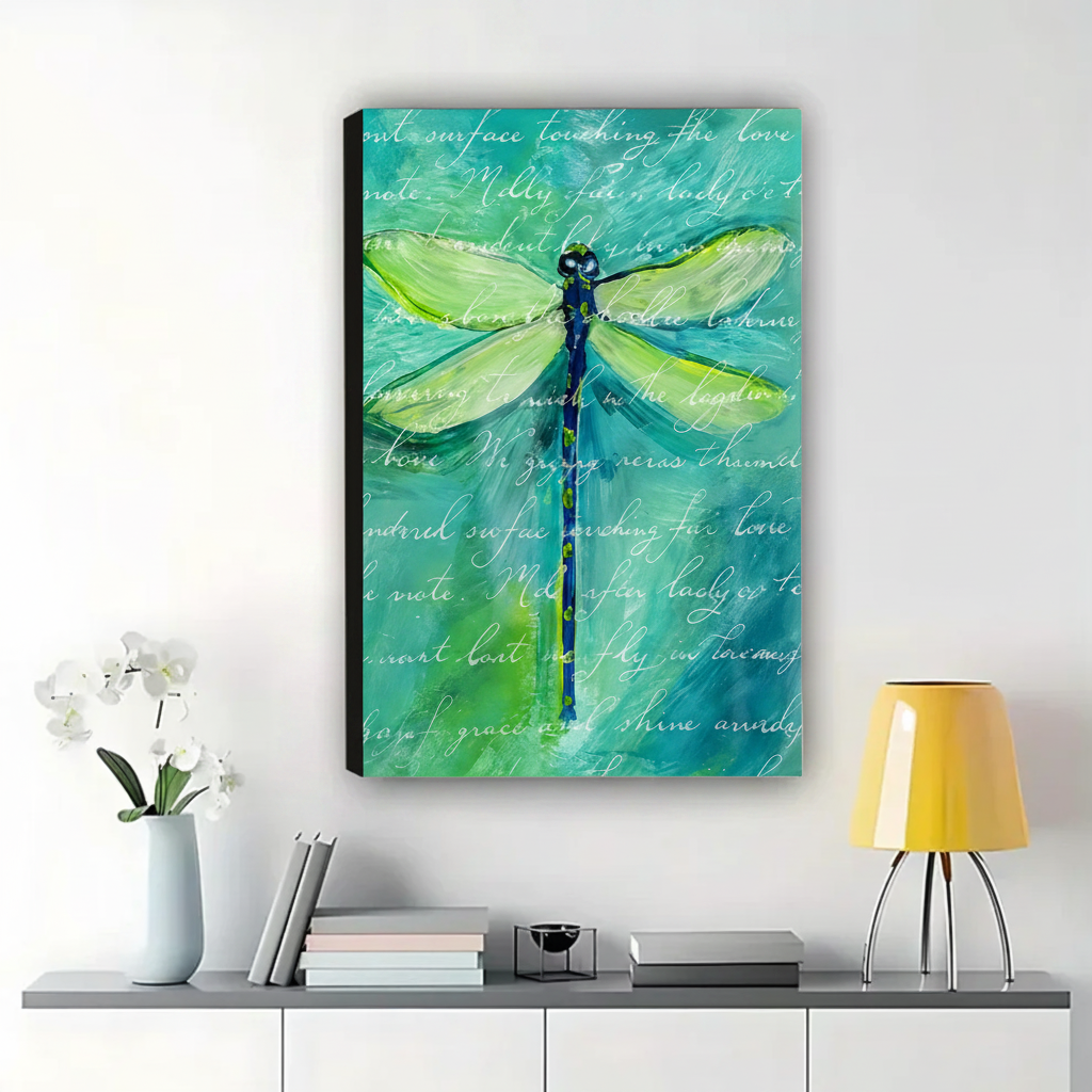 Dragonfly Poetry Wall Art – Teal Watercolor Canvas Print on Natural Wood Frame