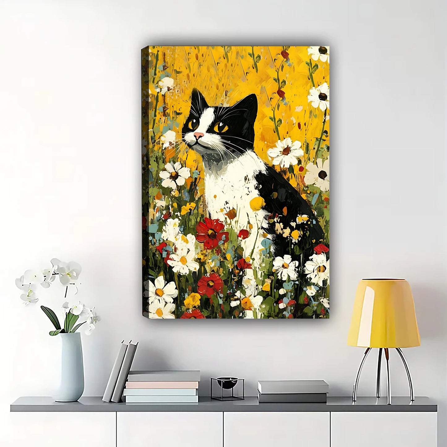 Black & White Cat in Wildflower Meadow – Vibrant Countryside Wall Art on Natural Wood Canvas