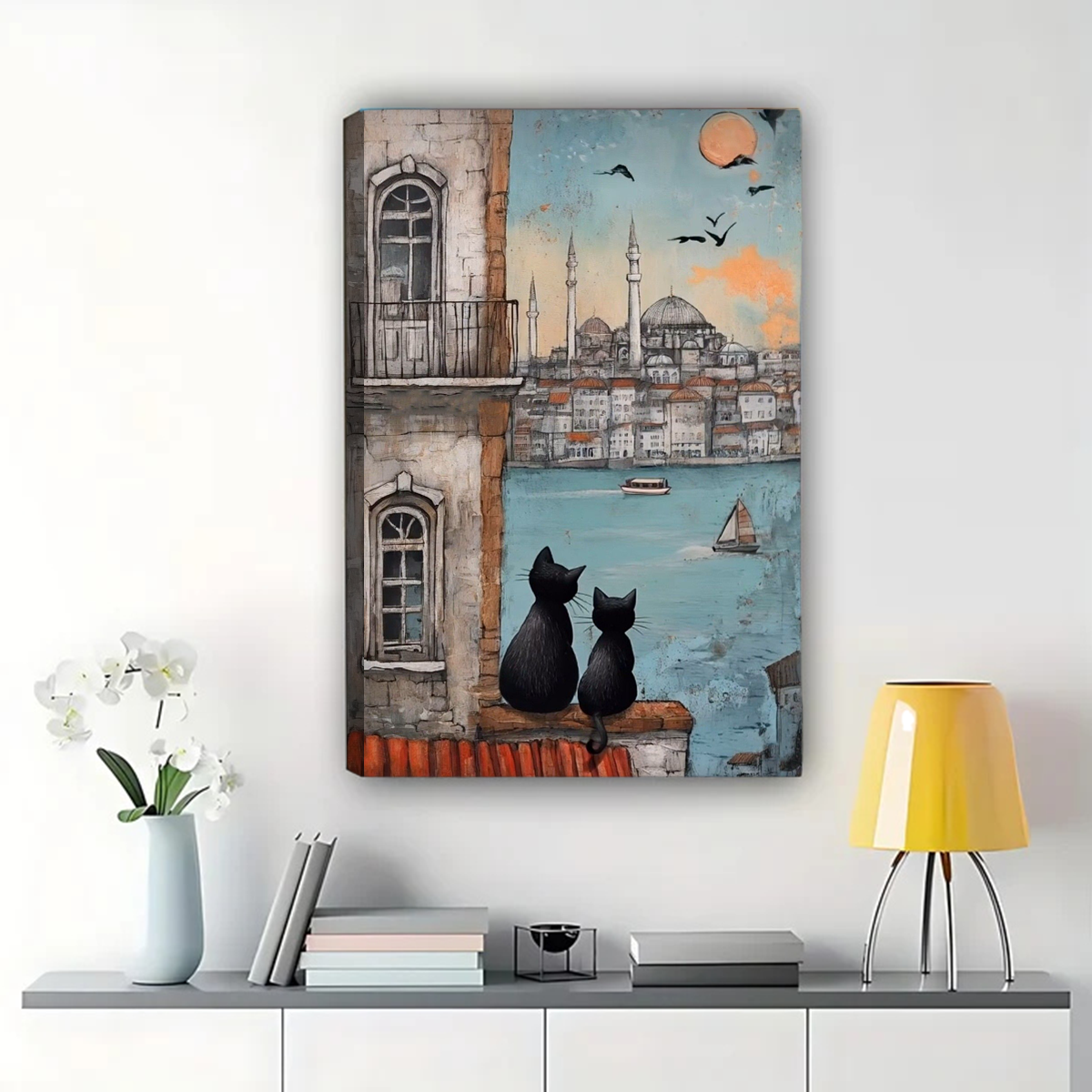 Istanbul Cats Balcony View Wall Art - Mosque Skyline Canvas Print
