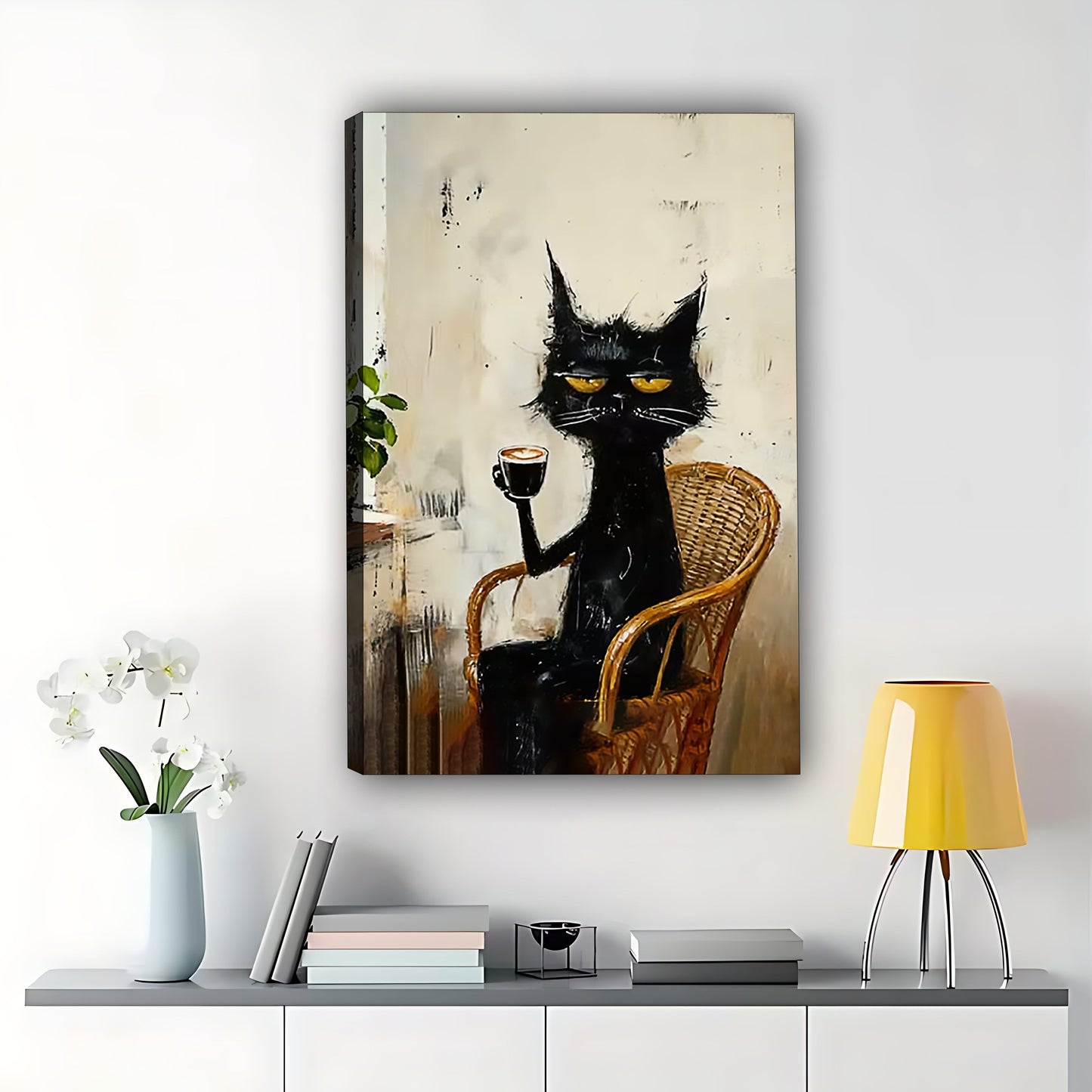 The Sophisticated Wine-Holding Black Cat – Vintage Elegant Wall Art on Natural Wood Canvas