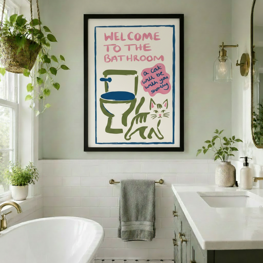 Welcome to the Bathroom Funny Cat Canvas Art Wall Art