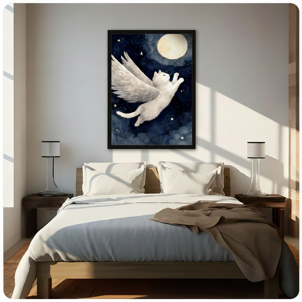 Flying Angel Cat Canvas Wall Art – Dreamy Night Sky