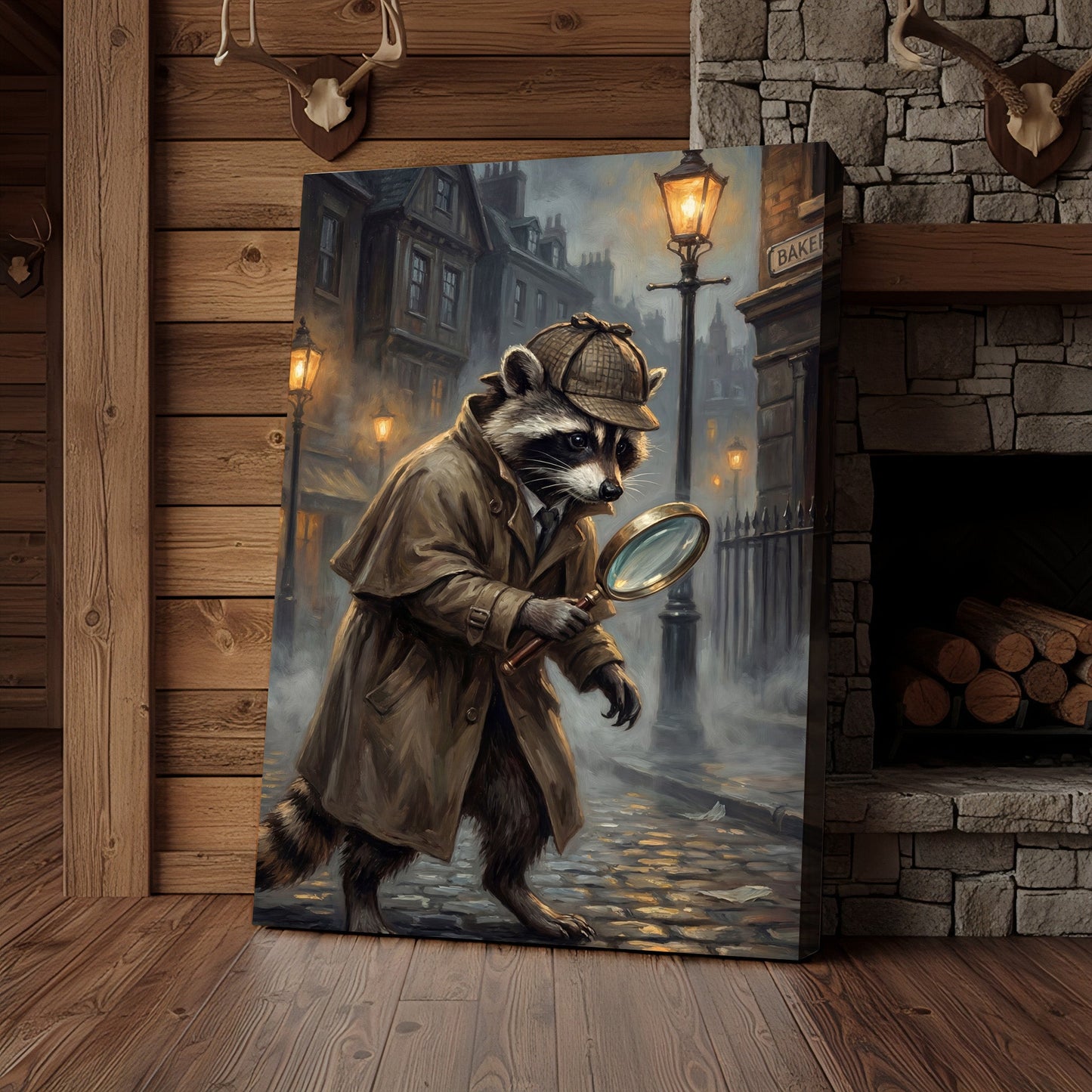 Detective Raccoon with Magnifying Glass Victorian Street Canvas Wall Art