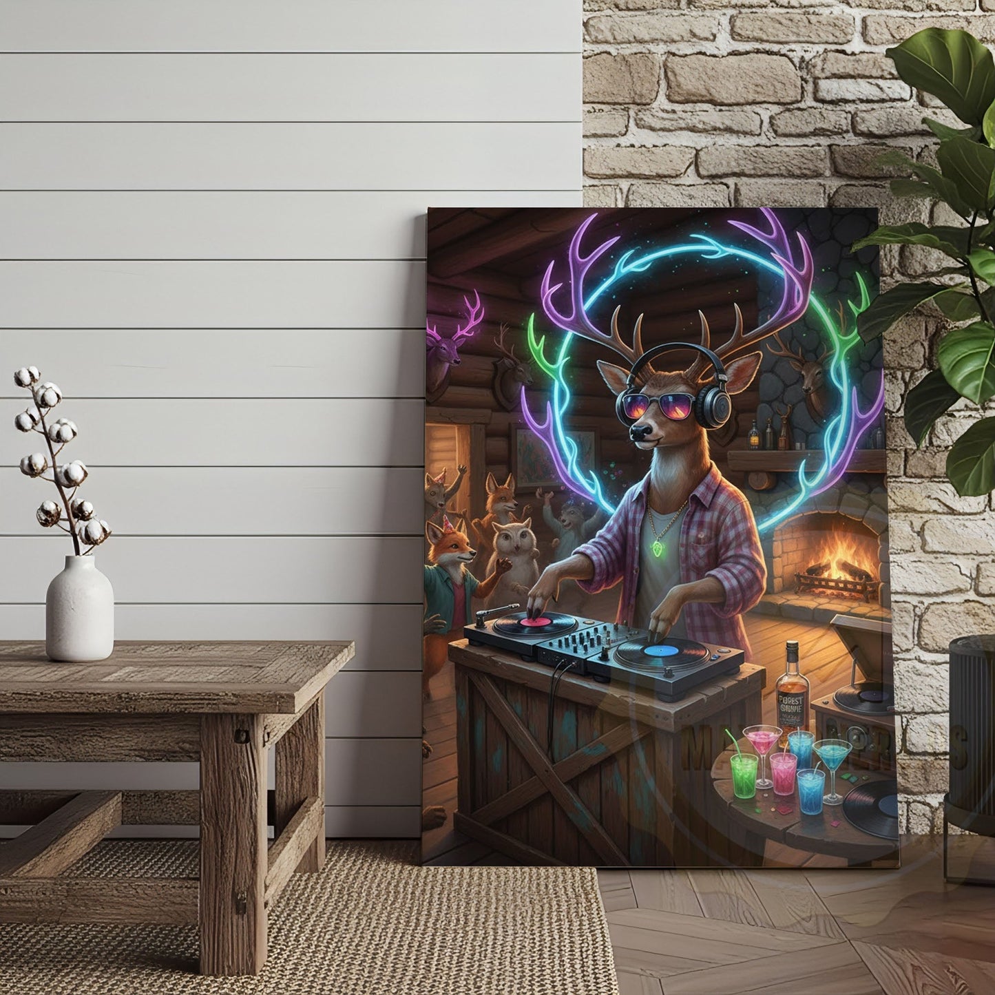 Deer DJ Party in Cabin Bar with Neon Antlers and Colorful Lights Wrapped Canvas Wall Art