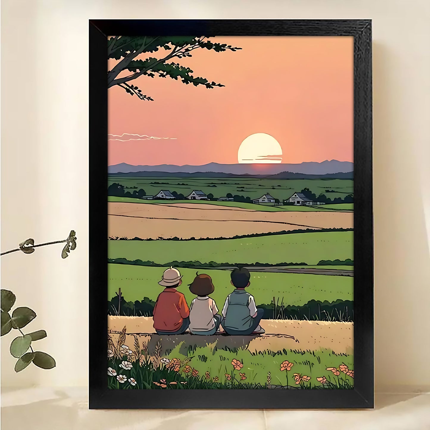 The Golden Field Rest – Cozy Rural Sunset Scene Wall Art on Natural Wood Canvas