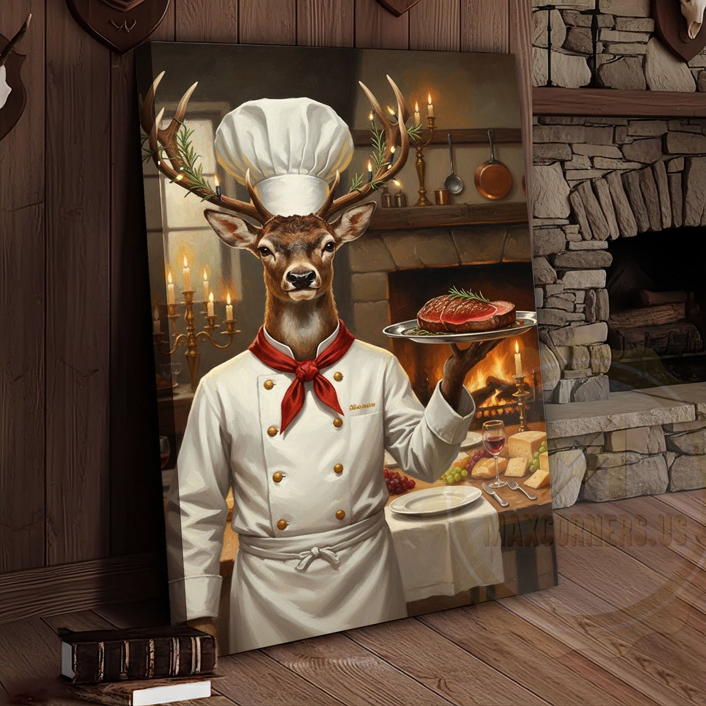 Deer Chef in White Uniform Serving Steak beside Fireplace Wrapped Canvas Wall Art