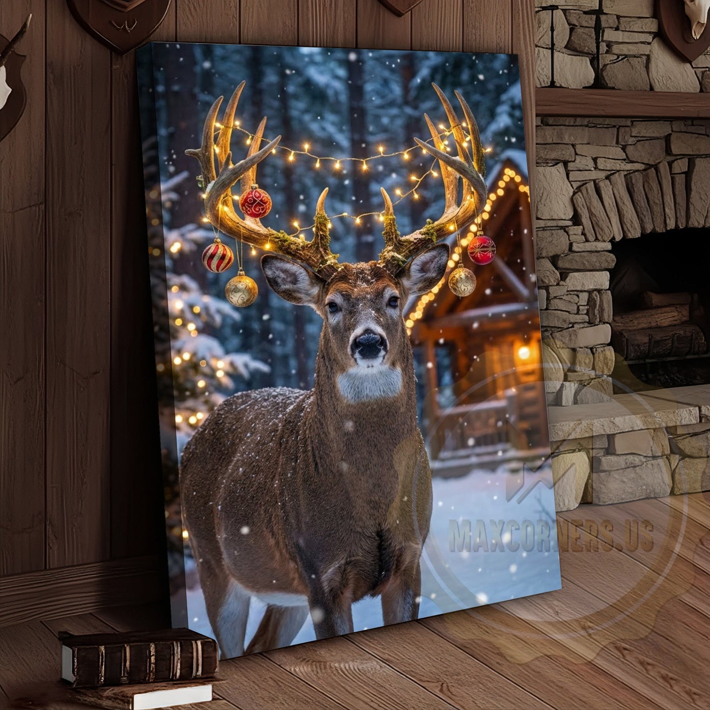 Christmas Deer Canvas Wall Art - Holiday Decorated Antler Print