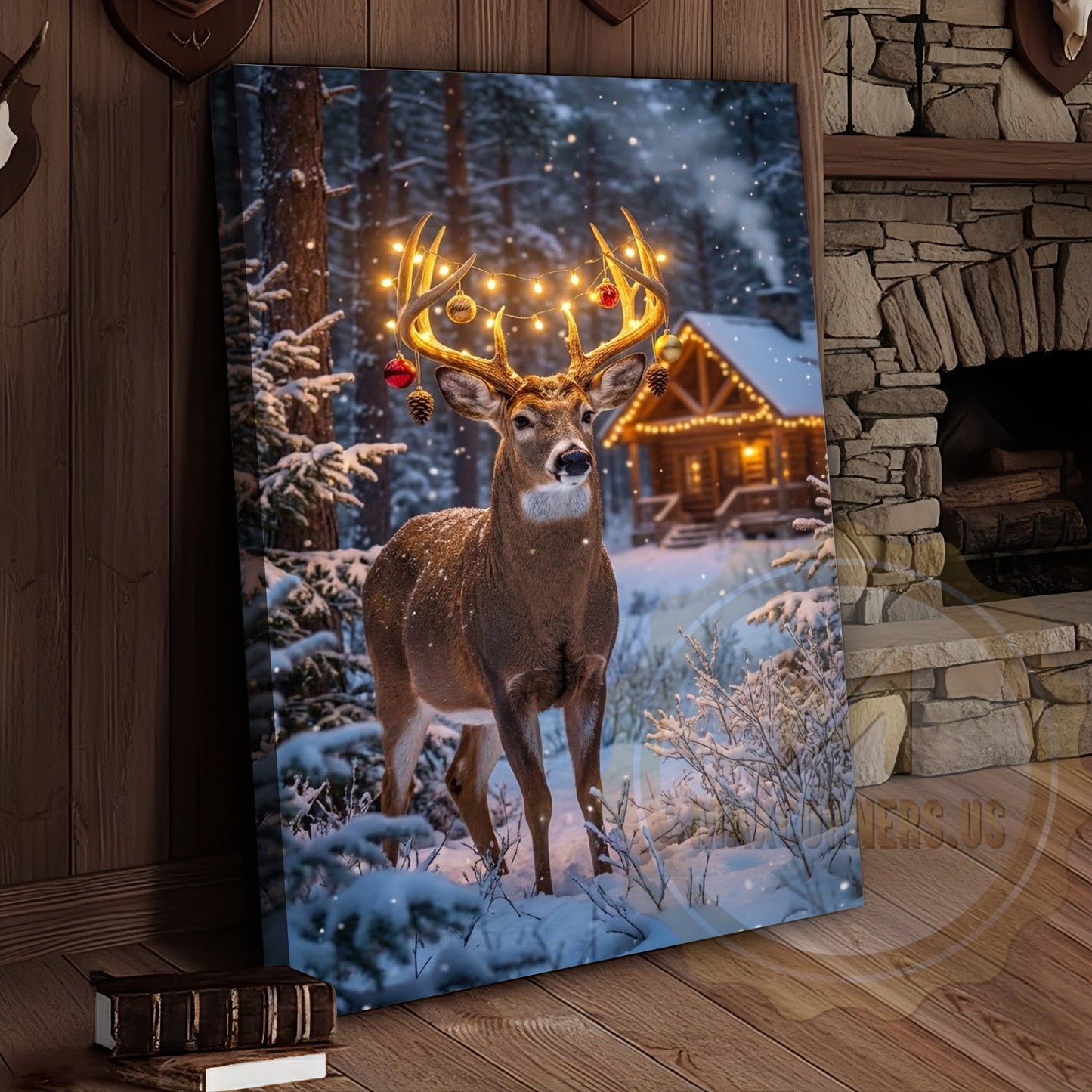 Winter Deer Canvas - Festive Ornament String Lights Decor