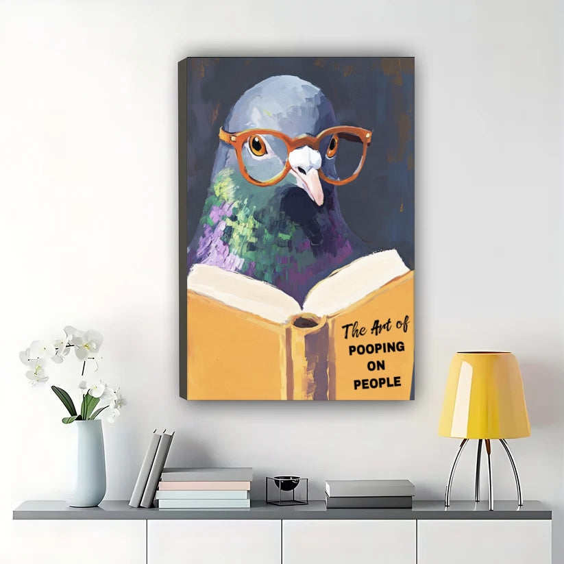The Art of Pooping on People Glasses Pigeon – Whimsical Wall Art on Natural Wood Canvas