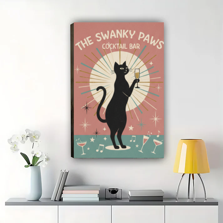 Retro Cat Cocktail Bar Art - Mid-Century Modern Wall Decor Canvas Wall Art