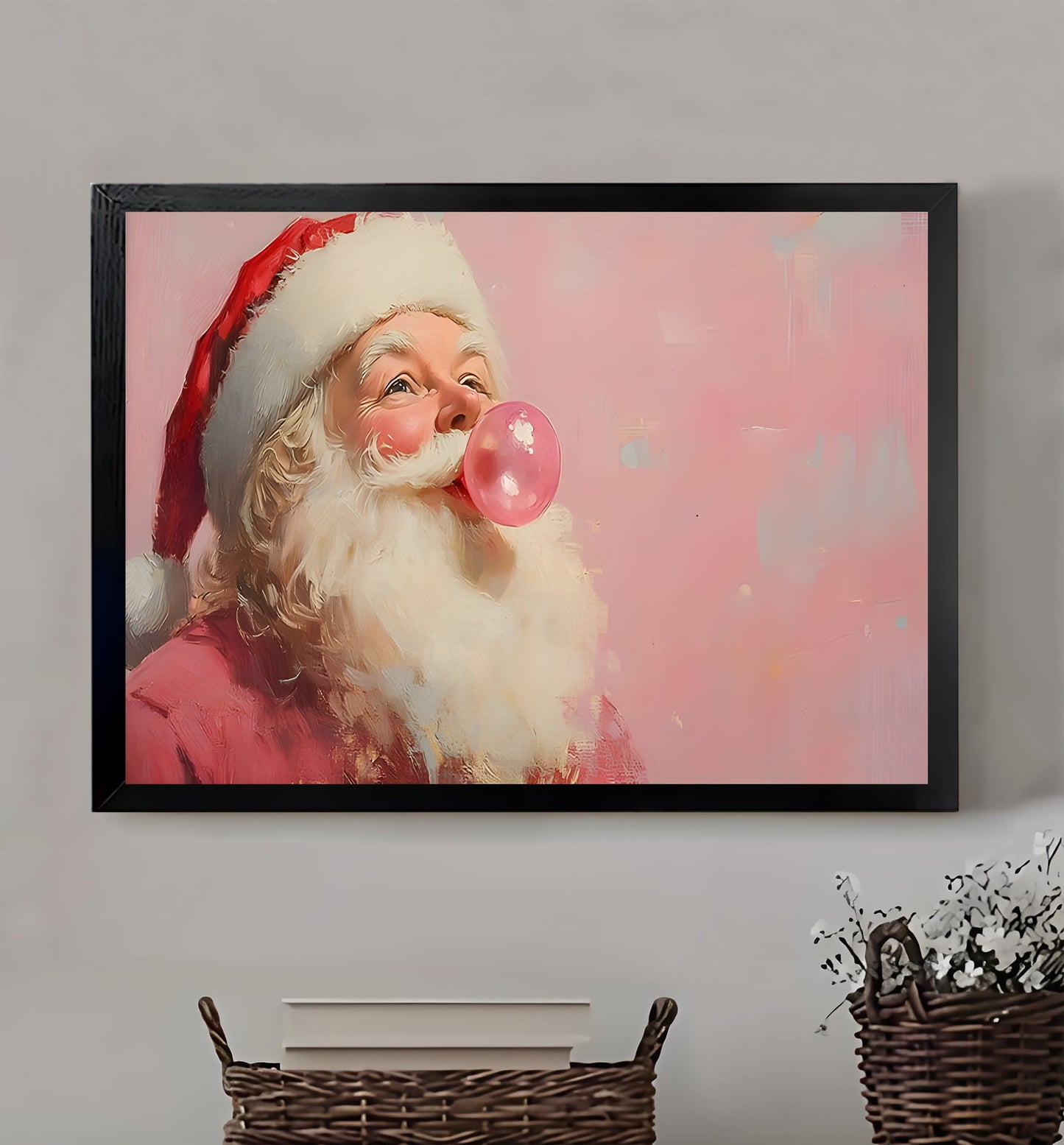 Bubble Gum Santa – Playful Christmas Wall Art on Natural Wood Canvas