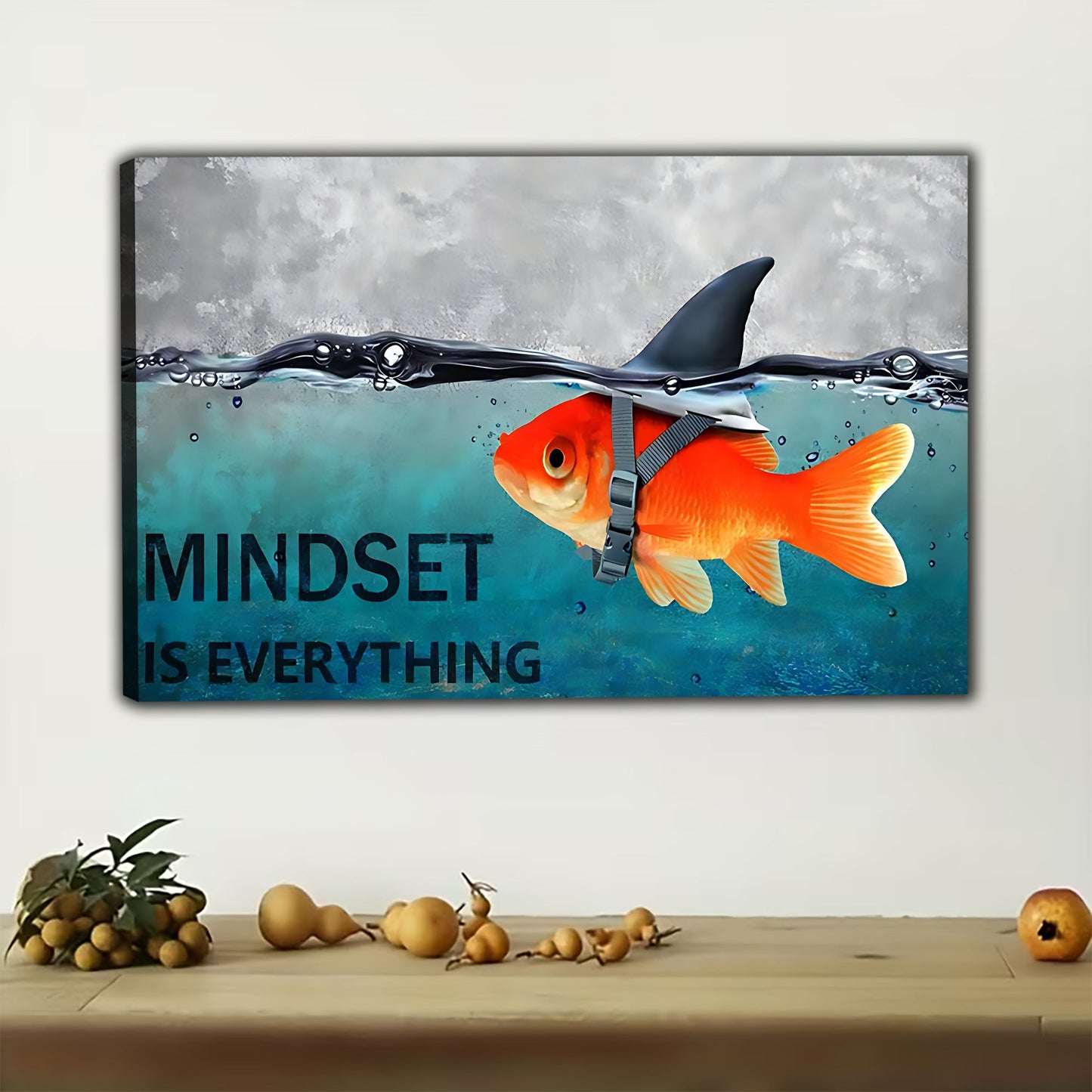 The Mindset Is Everything Fish – Inspirational Shark & Goldfish Wall Art on Natural Wood Grain Canvas