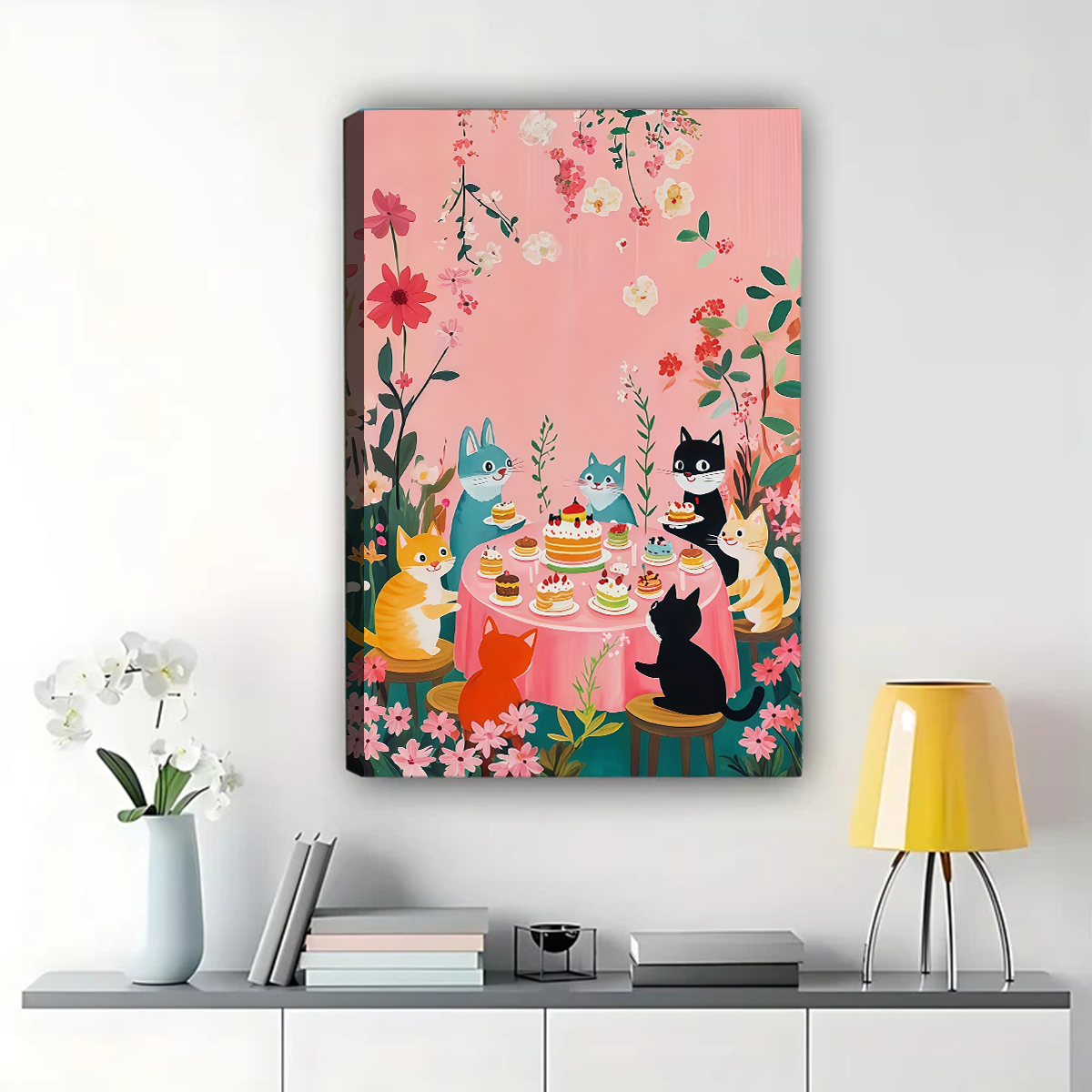Cats Tea Party Wall Art - Whimsical Garden Canvas Print