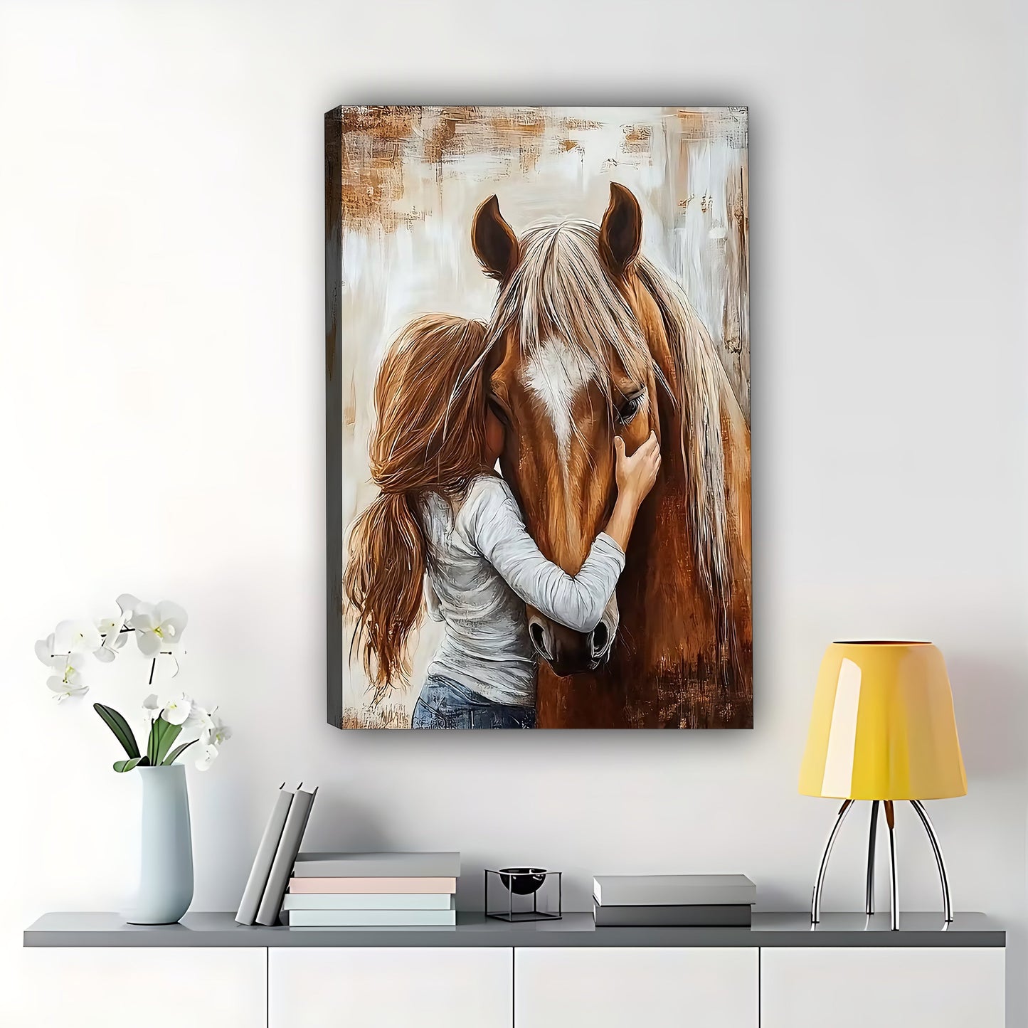 Girl Horse Embrace – Warm Animal Portrait Wall Art on Natural Wood Canvas