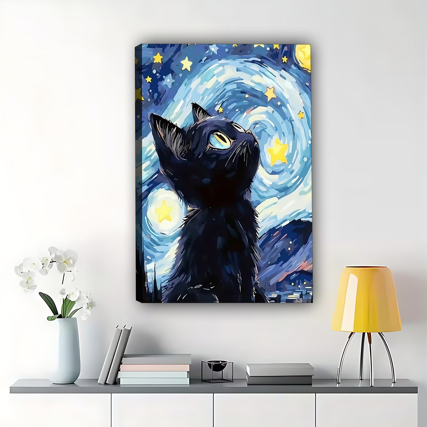 The Starry Night Dreaming Cat – Artistic Feline Wall Art on Natural Wood Grain Canvas