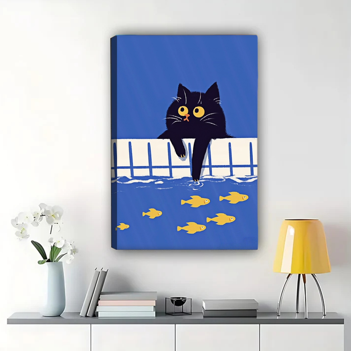 Black Cat Fishing Wall Art - Whimsical Cat and Fish Print