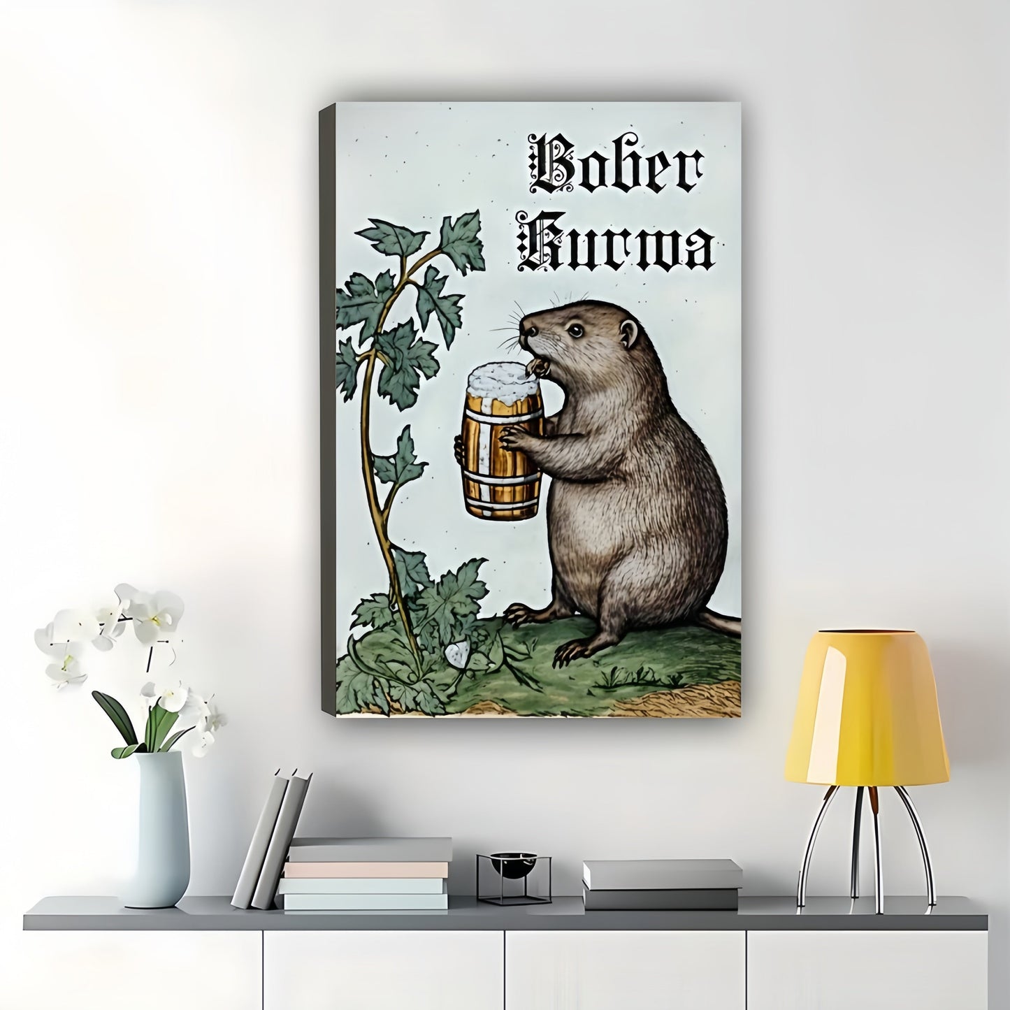 The Beer Beaver Bober Kurwa – Retro Humorous Wall Art on Natural Wood Canvas