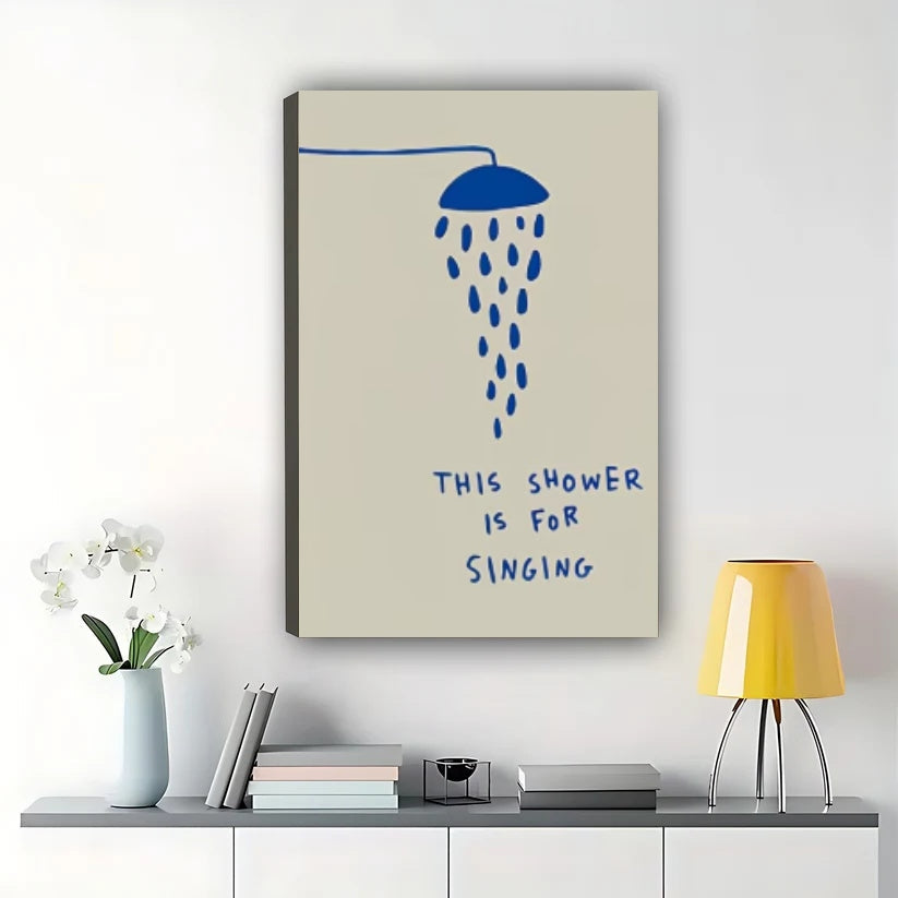 This Shower Is For Singing Wall Art – Minimalist Bathroom Quote Canvas Print on Natural Wood Frame