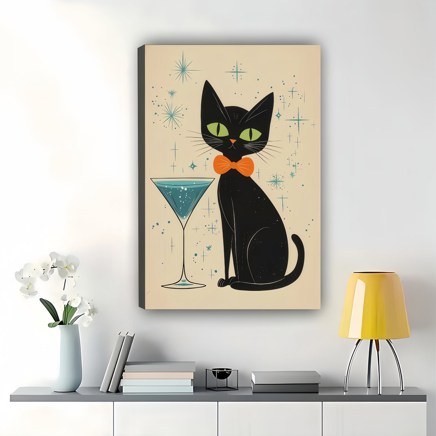 Mid-Century Black Cat with Martini – Retro Starry Background Wall Art on Natural Wood Canvas