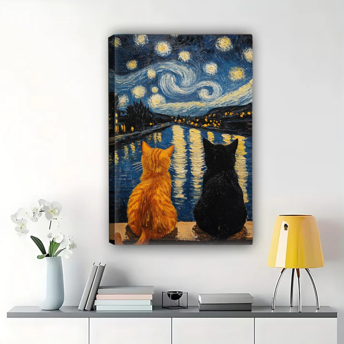 Cats Under Starry Night - Van Gogh Inspired Canvas Wall Art