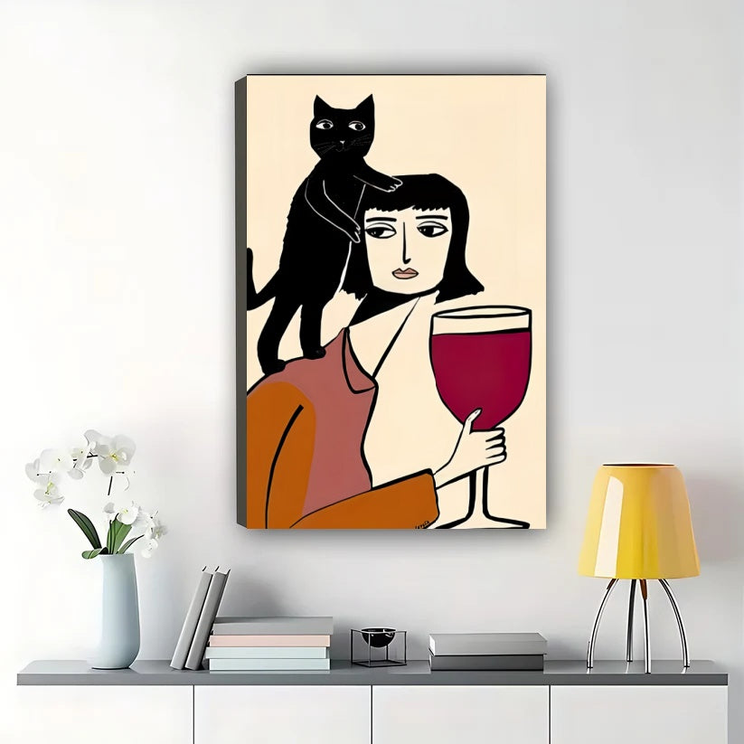 Woman with Wine & Black Cat – Retro Whimsical Cat Wall Art on Natural Wood Canvas