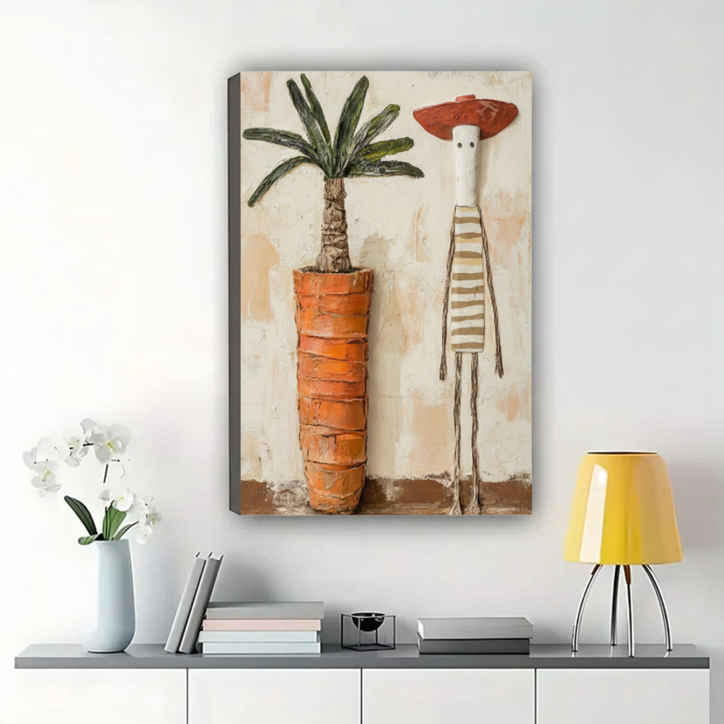 Striped Figure & Potted Palm Wall Art – Naive Art Outsider Canvas Print on Natural Wood Frame