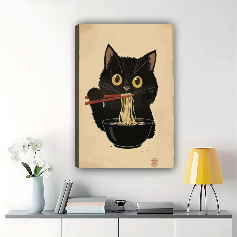 Black Cat Eating Ramen – Whimsical Japanese Ukiyo-e Style Wall Art on Natural Wood Canvas