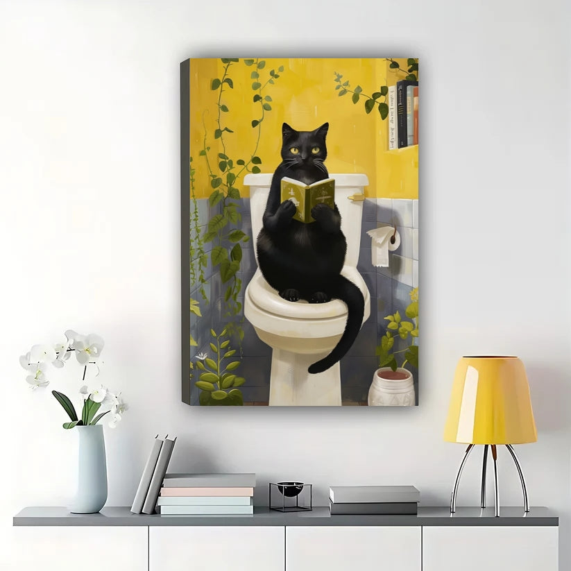 Black Cat Reading on Toilet Wall Art – Funny Bathroom Cat Canvas Print on Natural Wood Frame